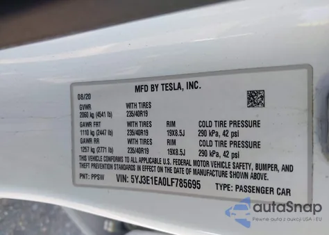 2020 Tesla Model 3 из США, поврежденный, VIN 5YJ3E1EA0LF785695